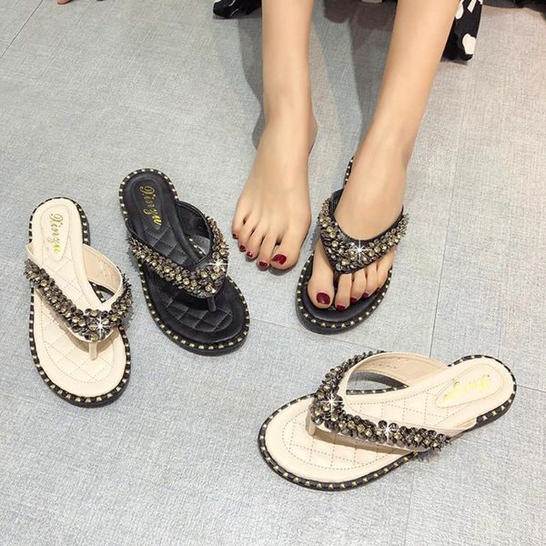 

women shoes sliper summer 2020 ladies flat crystal casual sandals flip flops slippers beach shoes zapatos de mujer, Black