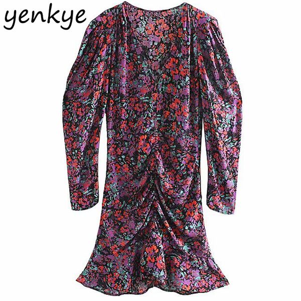 

собранная multicolor цветочные печати платье женщин puff рукавом v шеи рябить хем драпированные bodycon мини платье ozz9352, Black;gray