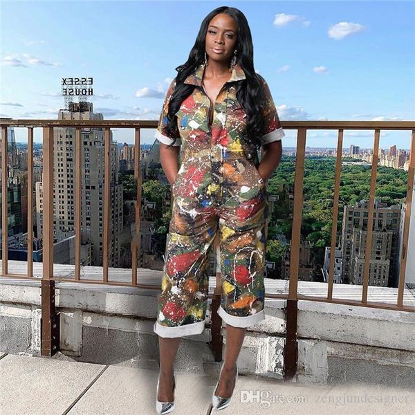 

womens summer jumpsuits camouflage print short sleeve long pants turn down collar female clothing casual apparel, Black;white