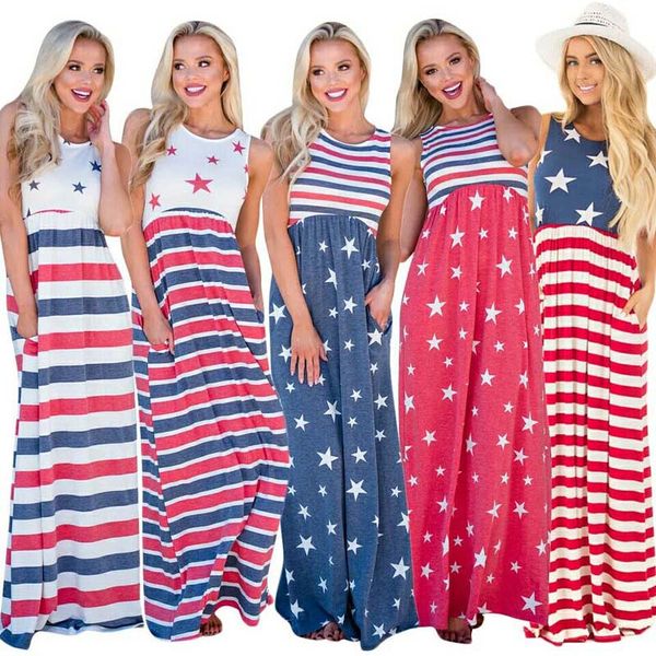 

леди бич макси платье звезды полосатый печатный пояс эластичный карман жилет без рукавов американский флаг день независимости пэчворк плюс с, White