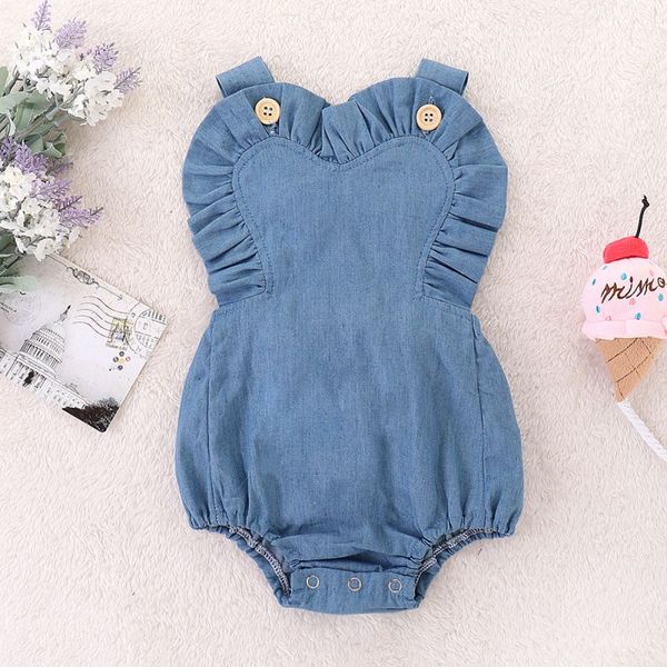 

2019 new baby romper cotton heart-shaped ruffled denim romper solid sleeveless infant girls boys outfits, Blue