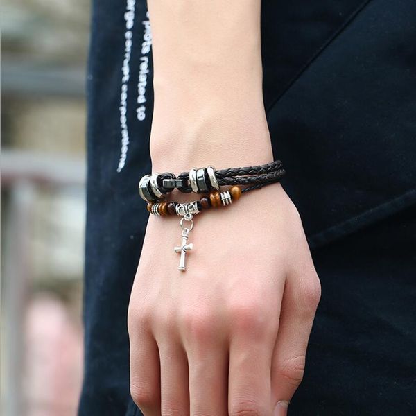 

vintage cross beaded bracelet braided leather bracelet for men in charm adjustable jewellery for women christian sell bangle, Black
