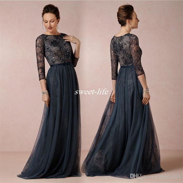 

2020 modest navy blue long mother of the bride dress 3/4 sleeves a line bridesmaid party dress tulle lace evening dresses, White;pink