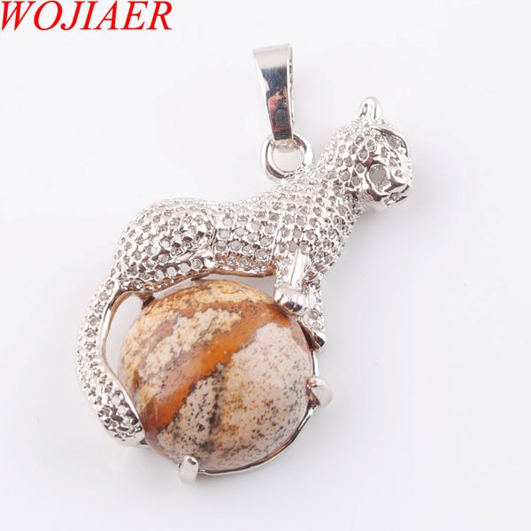 

wojiaer cute leopard pendants for round gem stone natural owyhee picture jasper healing charm jewelry dn3657, Silver
