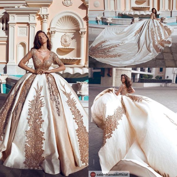 

2019 new ball gown wedding dresses said gold appliques princess sheer scoop neck long sleeves appliqued bridal gowns formal chapel train, White