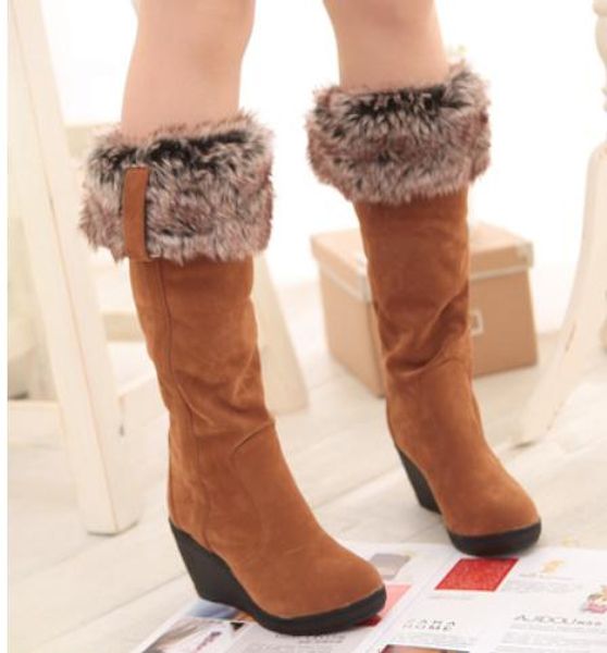 

2019 women's boots in winter with new style slope heel round head suede@6088, Black