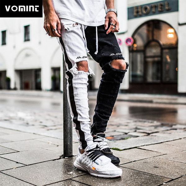 

vomint new fashion autumn men jeans hole casual pants slim black & white with elastic waist hiphop men jeans, Blue