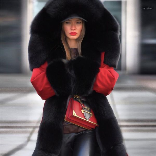 

fur designer warm down coats windbreaker women winter long parkas thick, Black
