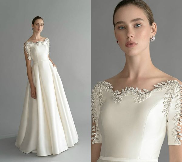 

2020 a line satin wedding dresses floral appliqued beaded floor length boho bridal gowns bateau neck short sleeve bohemian robes de mariÃ©e, White