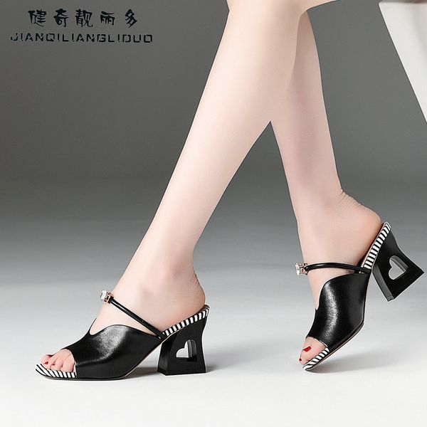 

women genuine leather slippers cutout strange heel high heels slippers black white woman summer embroidery flip flops
