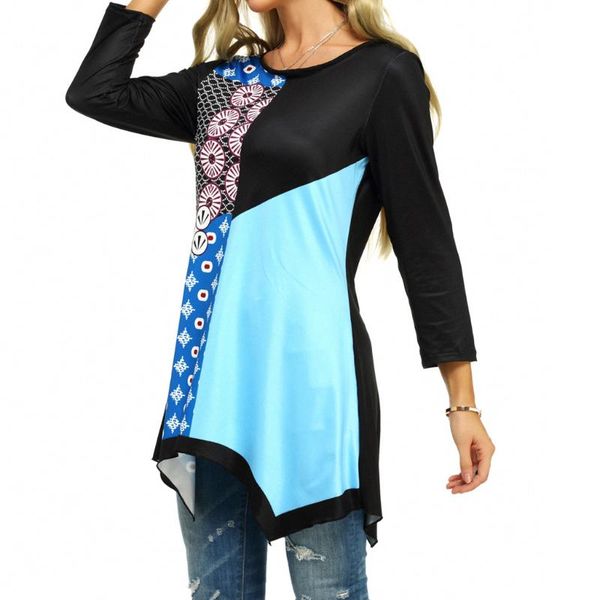 

vintage plus size blouse women lady long sleeve o-neck print splice irregular hem blouse tunics blusa feminina ropa mujer, White