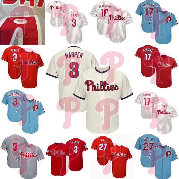 

Philadelphia Mens Phillies 3 Harper 10 Realmuto 17 Hoskins 27 Nola Grey Red Blue Cool Jersey S-3XL