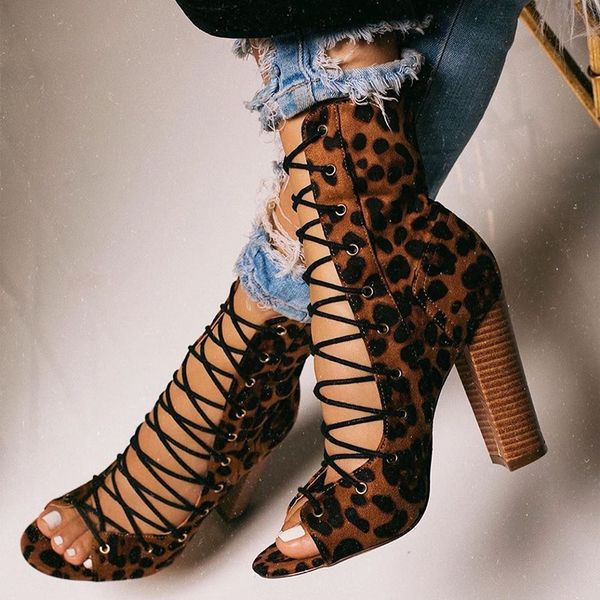 

aneikeh roman gladiator sandals booties fashion leopard print peep toe hollow cross strap ankle lace-up thick heel boots shoe, Black