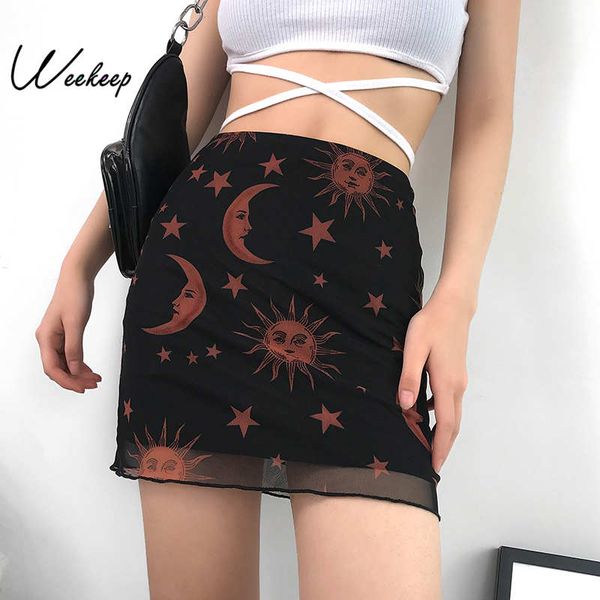 

weekeep женщины черный печатных высокой талией юбка лето сексуальная сетка мини-юбка, Black