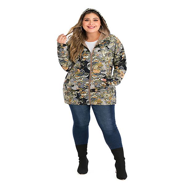 

ostrich 2019 autumn winter plus size women hoodies coats vintage warm printing pockets thicker zipper hooded warm outwear, Tan;black
