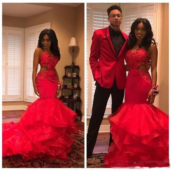 

Hot Red African Black Girls Prom Dresses Party Wear Cutaway Lace Appliques Beads Tiered Mermaid Evening Gowns Party