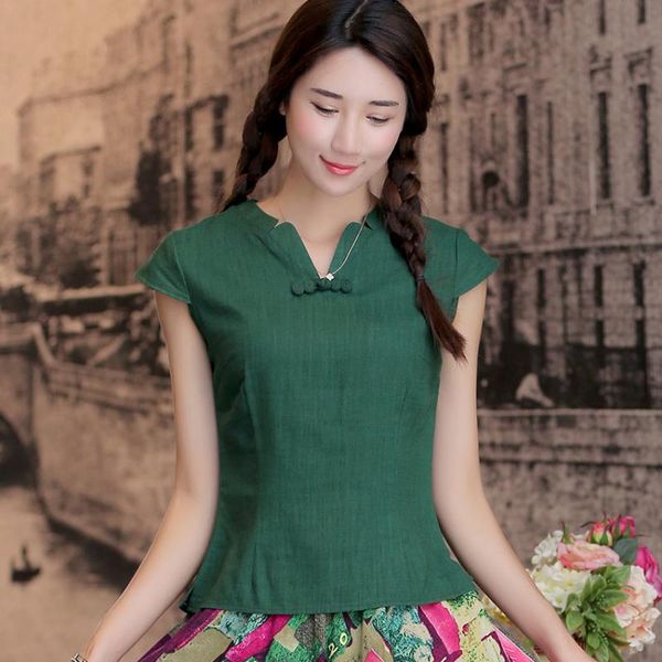 

women's short sleeve plate buckles chinese style cotton linen national wind blouse s-2xl, Red