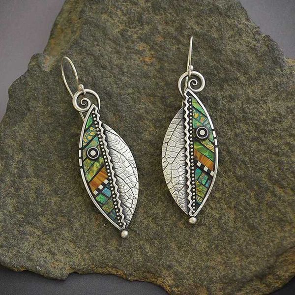 

fashion bohemian resin green leaf drop earrings for women ethnic vintage drop dangle earring aretes de mujer modernos 2020, Silver