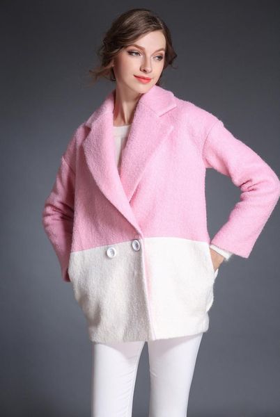 

women casual pink white patchwork woolen coat outerwear, Black