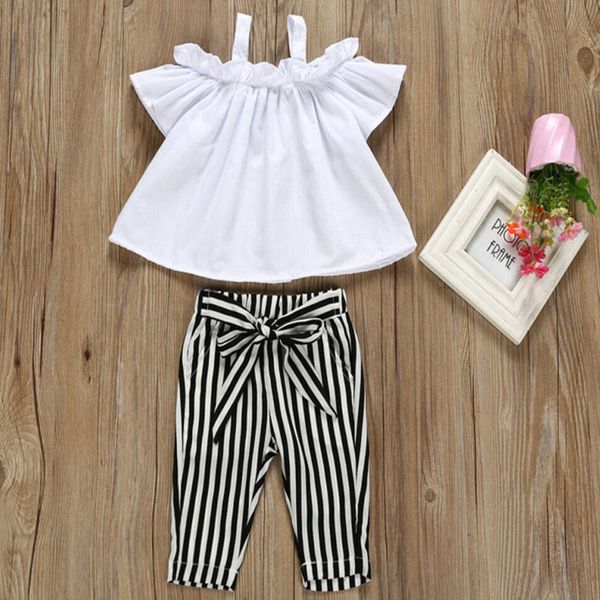 

kids designer clothes girls girl set toddler kids baby girls clothes summer strap +stripes pants outfits set 1-6t, White