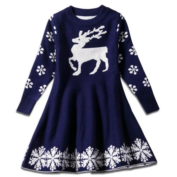 

fashion fall and winter girl's skirt christmas children's sweater deer jacquard dress 2 colors ing, Red;yellow