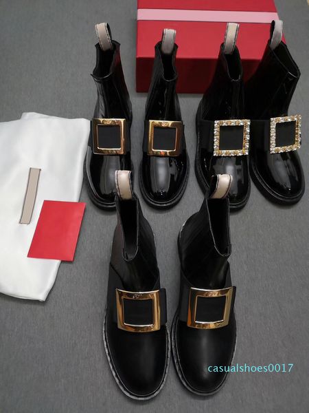 

patent leather women metal buckle ankle boots designer flat women boots black slip-on leather shoes high boots 3.5cm heels c17