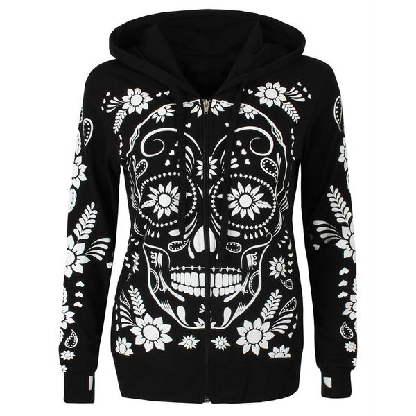 

women sweatshirt hoodies gothic plus size turtleneck long sleeve skull print zipper hooded blouse pullover shirt sudadera m, Black