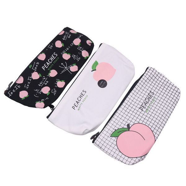 

1 pcs simple small fresh stationery bag cartoon cute peach canvas pencil bag girl large capacity student office school supplies