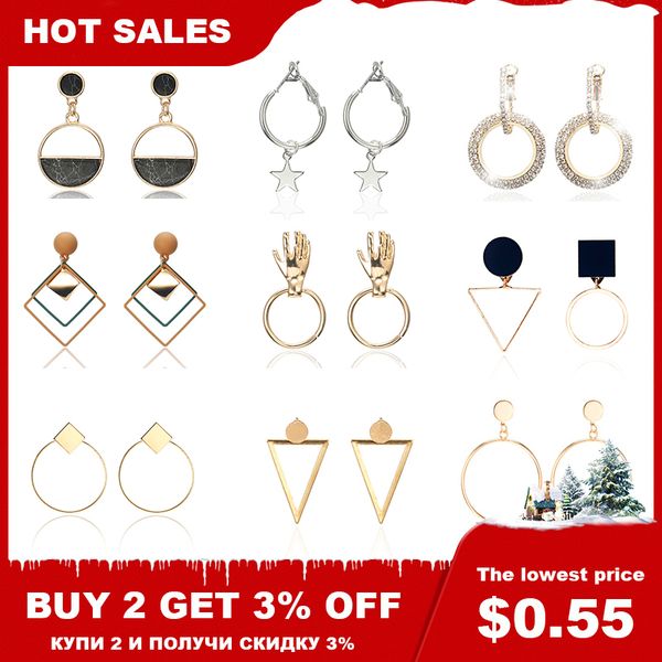 

trendy simple design geometric earrings women rhinestone acrylic metal drop earrings square round hand star earrings pendientes, Silver