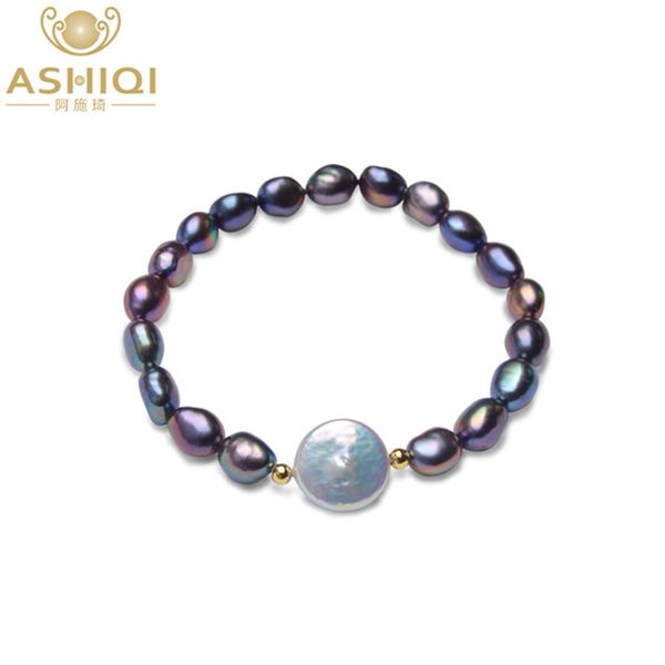 

ashiqi big 12-13mm button freshwater pearl bracelets natural black baroque pearl for women with 925 sterling silver bead, Golden;silver