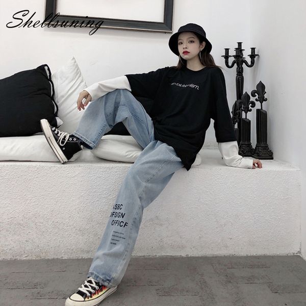 

shellsuning vintage wide leg jeans women leisure high waist loose letter trousers female streetwear simple full-length harajuku, Blue