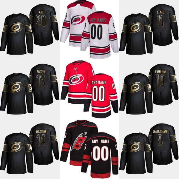 

20 Sebastian Aho Carolina Hurricanes 2019 Golden Edition 8 Saku Maenalanen Dougie Hamilton 11 Staal 14 Justin Williams Warren Foegele Jersey