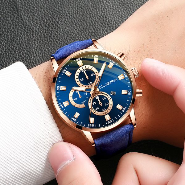 

2019 watches men cuena business leather belt watch three eyes six-piece calendar reloj hombre quartz wristwatches relogio saat, Slivery;brown