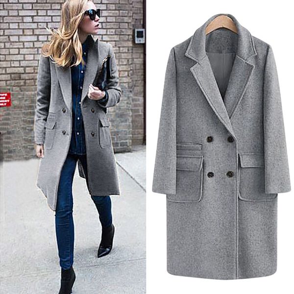 

womens coats winter long coat lapel wool trench jacket big pocket overcoat outwear wind-proof chaquetas mujer 2019, Black;white