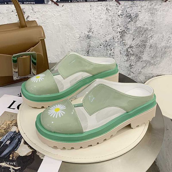 

summer women chunky slippers platform designers round toe mules flower cute casual shoes woman wedges sandals new outside slides, Black