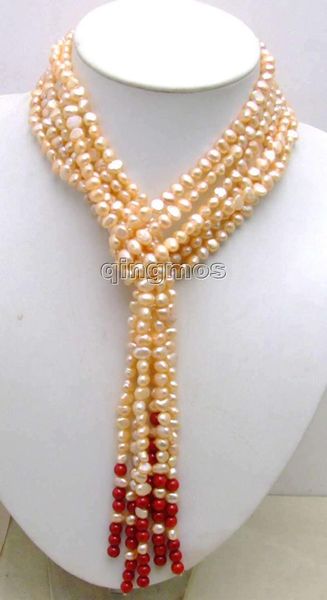 

sale long 45" natural 6-7mm pink baroque natural pearl and red coral 3 strands necklace -nec5806 wholesale/retail ship, Silver