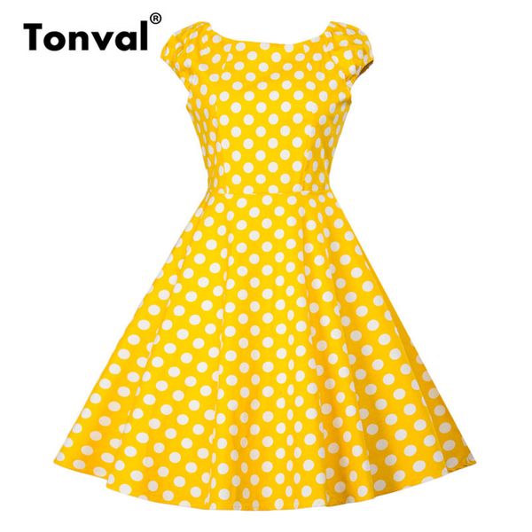 

tonval hepburn vintage yellow dress women cap sleeve 2019 summer cotton casual dresses polka dot rockabilly retro dress, Black;gray
