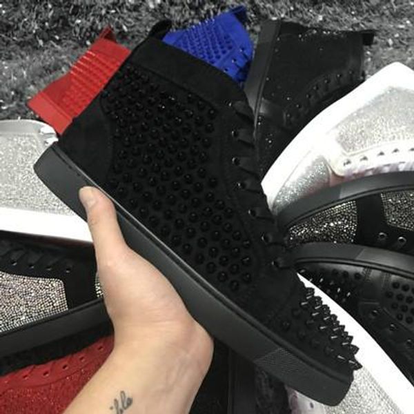 

wholesale famous designer brand for men gold silver rhinestone red bottom sneakers lovers genuine leather high casual flats shoes t01, Black