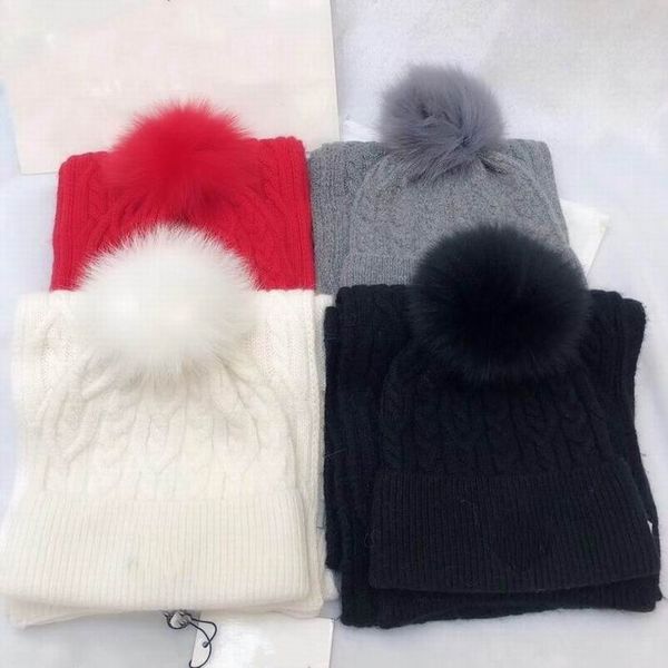 

2020 cotton red knitting hats with red hair ball scarves sets women's winter comfortable warm hats and scarves with box, Blue;gray