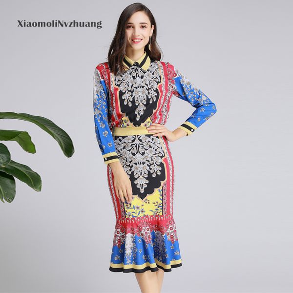 

xiaomoli mingyuanfeng two piece retro printed shirt + slim fishtail dress mingyuansuit new autumn and winter 2019, White
