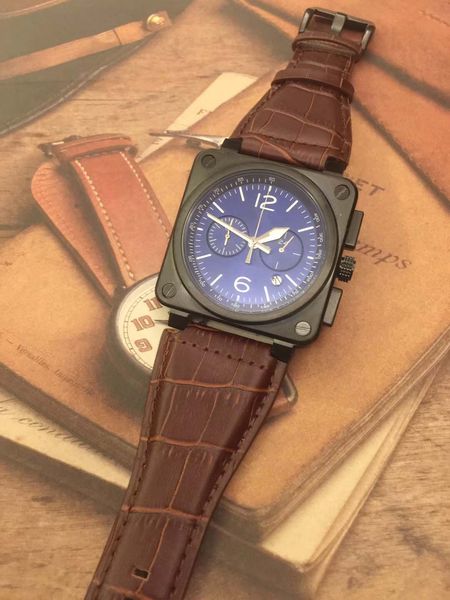 

blue glass 46mm outdoor bellross instrument heritage mens watches square black steel case quartz watch brown alligator strap wristwatches, Slivery;brown
