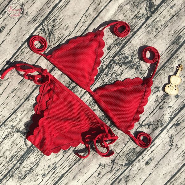 

bikini black red bandage woman bikini set 2020 scalloped swimwear wave edge women swimsuit brazil biquinis bathing suits, White;black