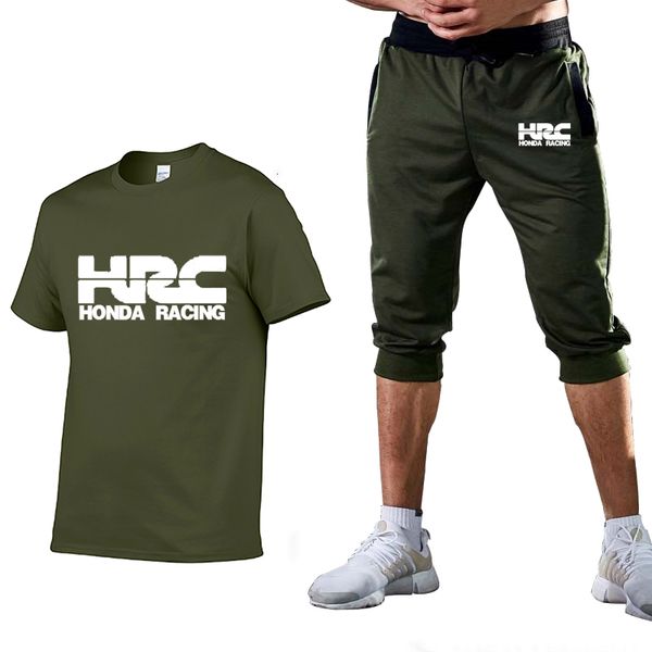 

hrc race motorcycle printing summer fashion casual cotton short sleeve round neck men's t-shirt+pants 2 piece suit, Gray