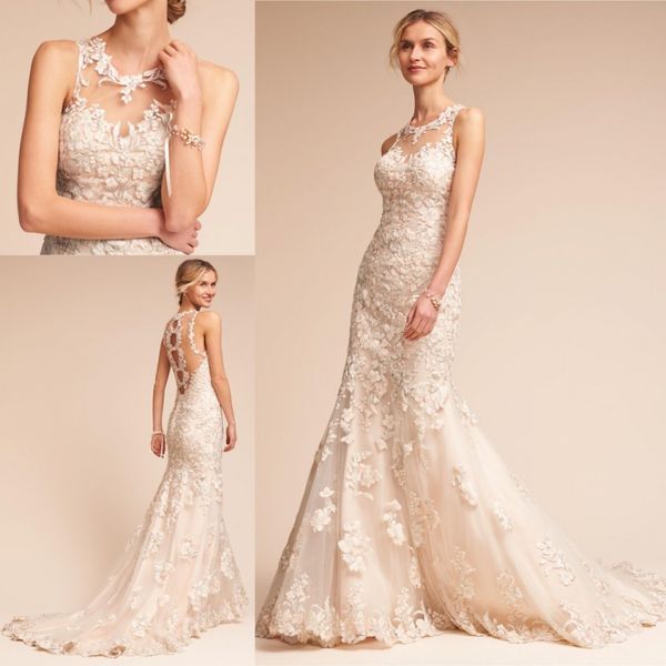 

graceful sheer ivory lace mermaid wedding dresses 2017 beach wedding arabic bridal gowns with appliques romantic robe de marriage, White