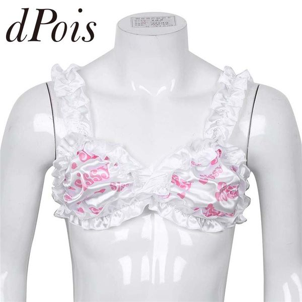 

sissy men gay homme underwear smooth soft satin mens lingerie letter printed frilly ruffled straps wire-unlined bra top