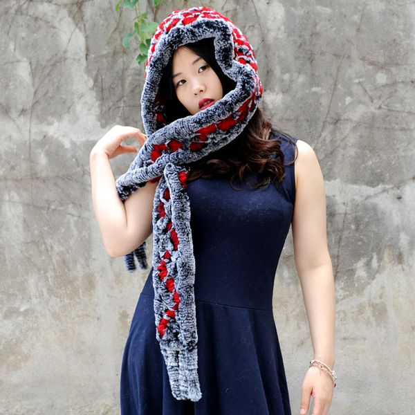 

cx-c-17c knit rex fur hooded scarf hat ~ drop shipping, Blue;gray