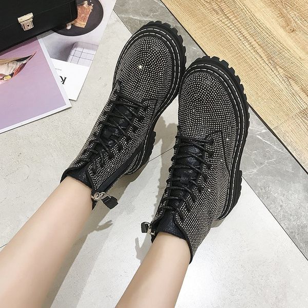

winter pumps dress martin boots platform fashion rhinestone lace up round toe mid heels snow botas women shoes mujer x963 y200114, Black