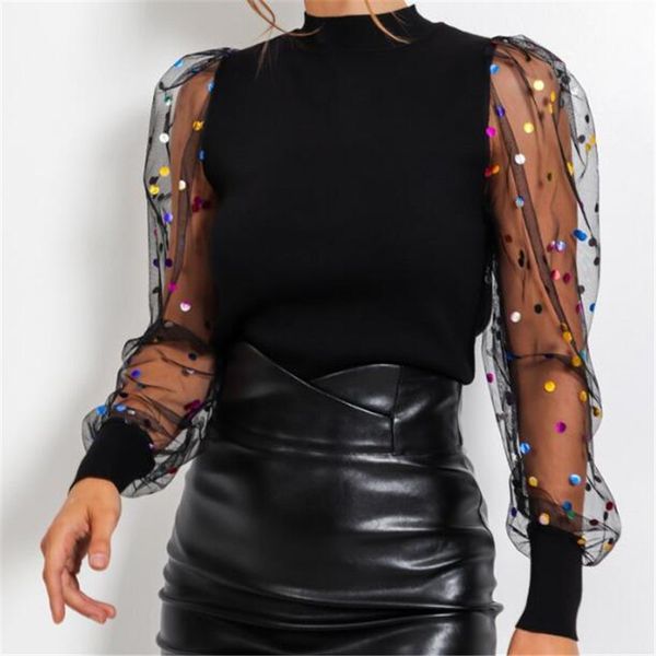 

women's blouses & shirts meihuida women spring blouse see-through long sleeve shirt fashion office lace transparent polka dot knitted b, White