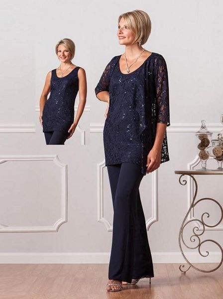 

new three pieces formal chiffon mother's pants suits custom plus size lace women navy blue evening wedding gowns pd334, Black;red