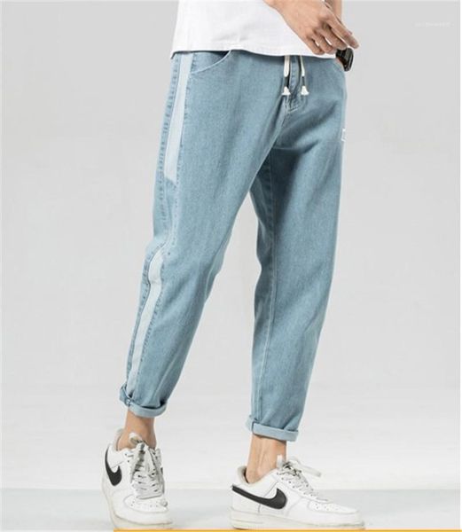 

mid capris pants mens pocket jeans fashion zipper fly pencil pants mens regular straight pure color, Blue